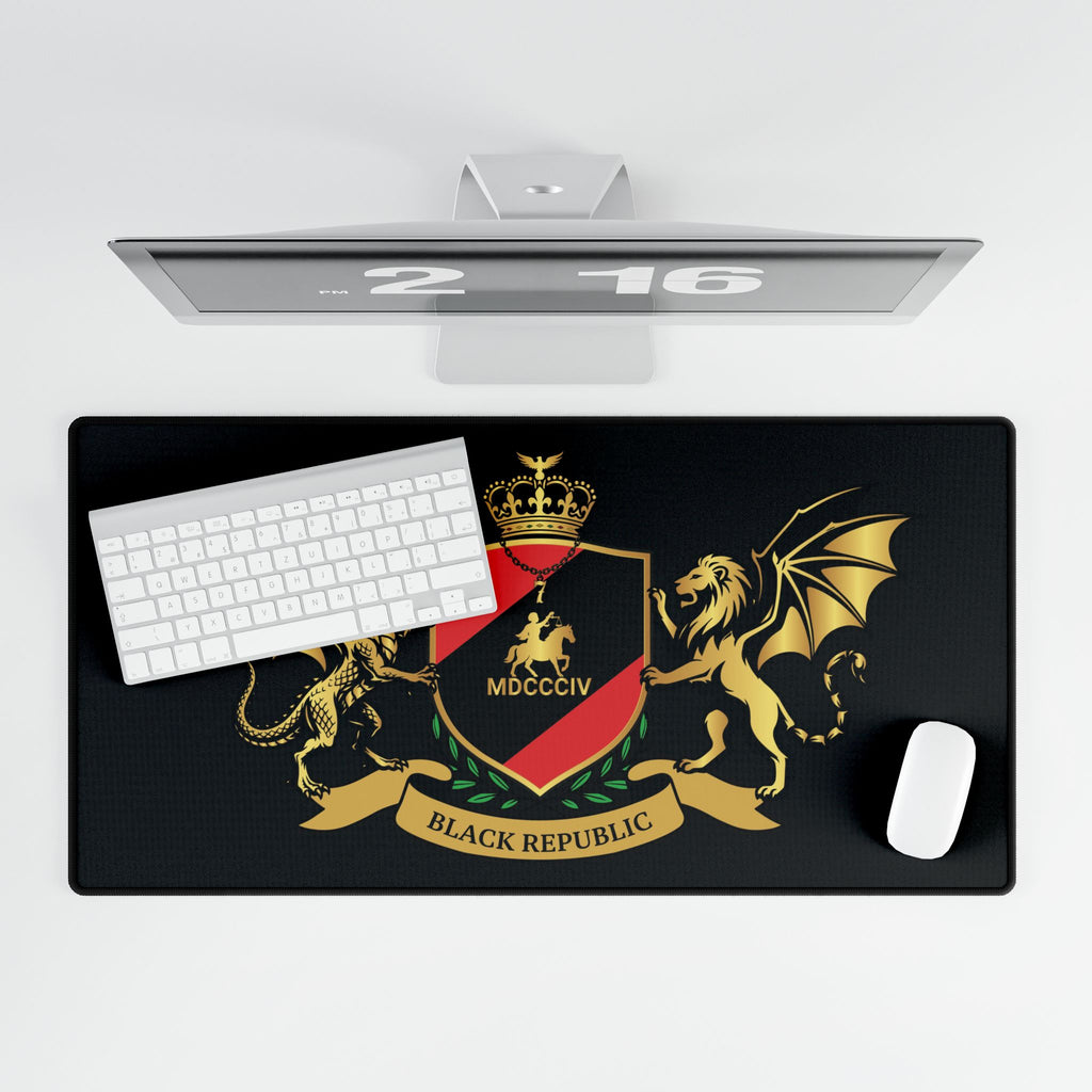 BLACK REPUBLIC Crest Desk Mat — Large Gaming Mouse Pad with Gold Dragon & Lion Emblem