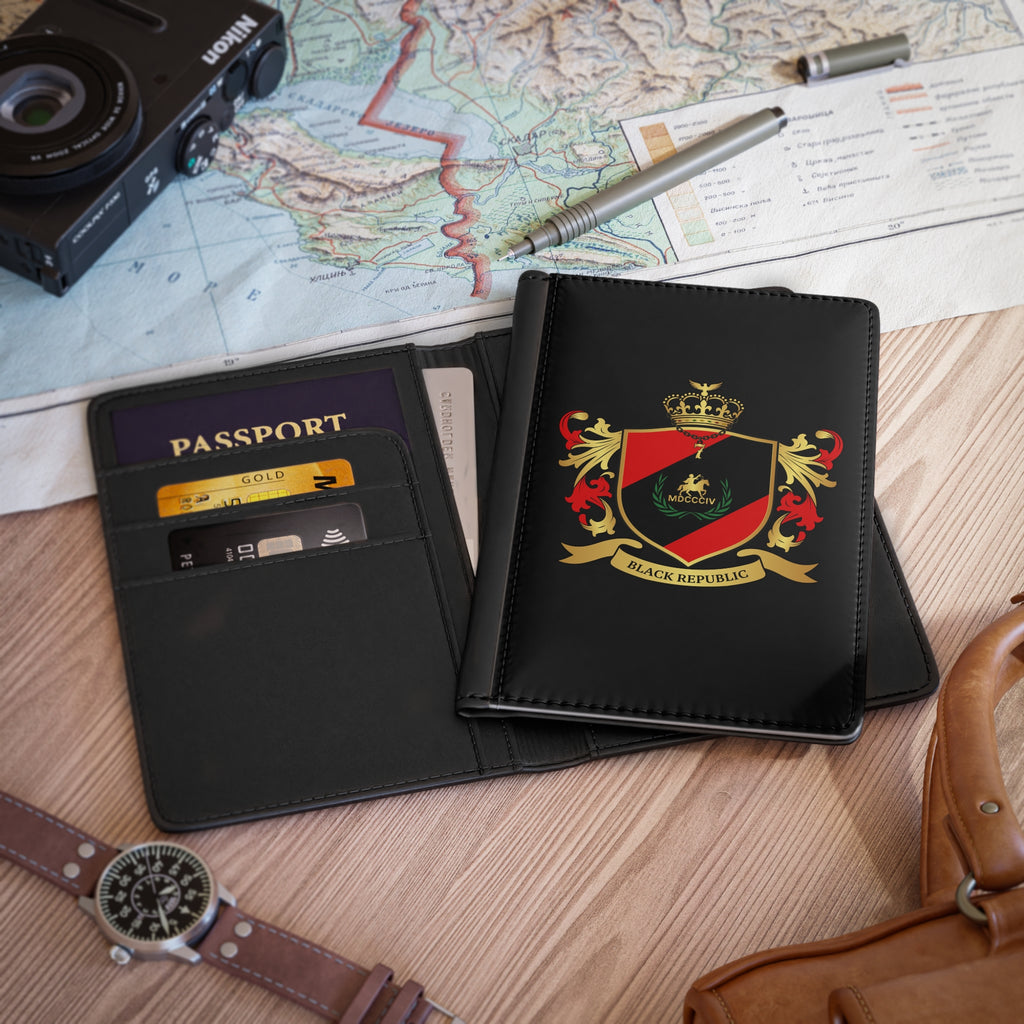 Black Republic Crest Passport Cover — Luxury Travel Passport Holder with Red & Gold Heraldic Shield