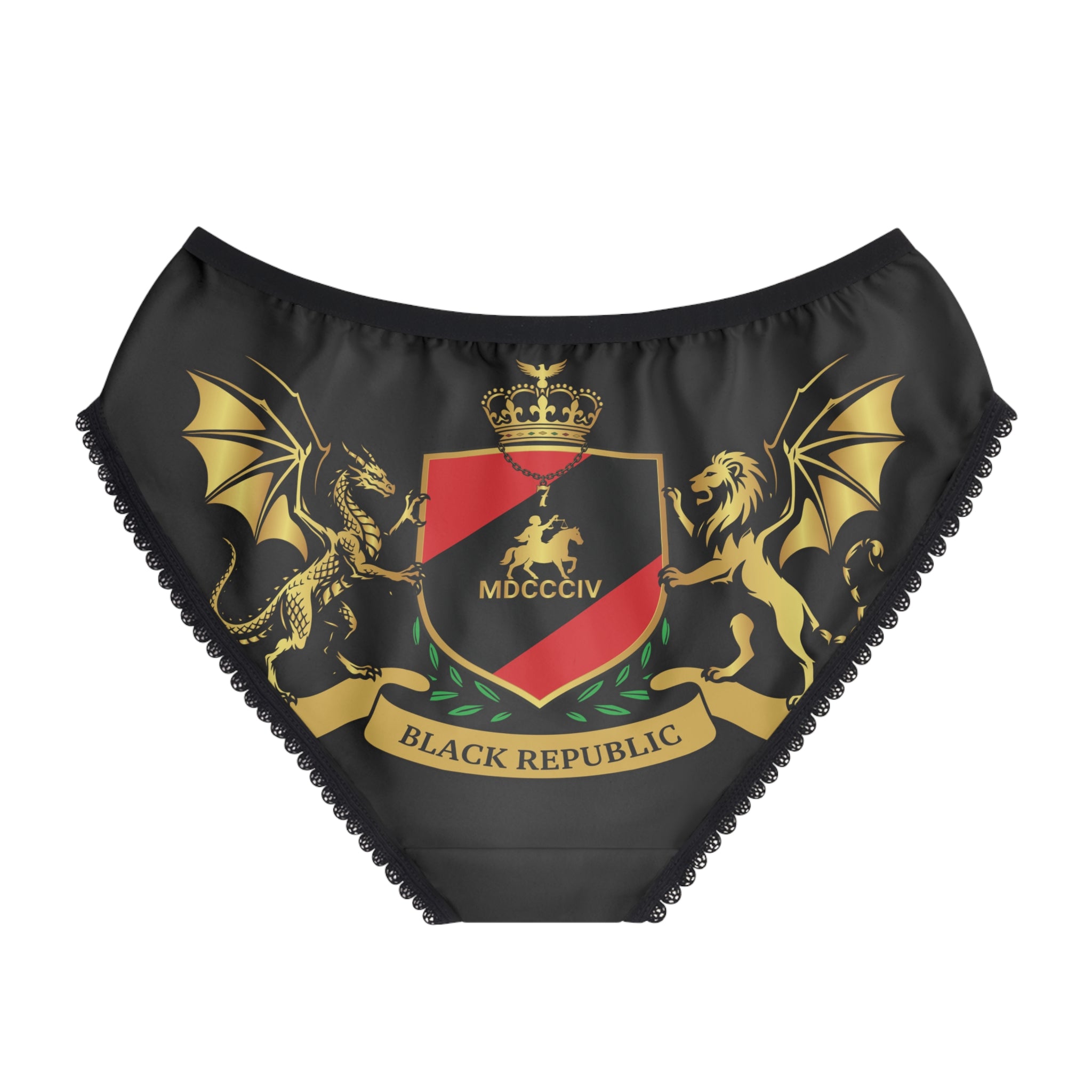 Black Republic Crest Women's Briefs — Gold Heraldic Shield Lingerie