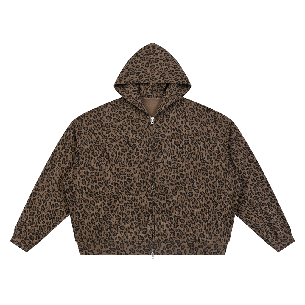 Leopard Print Waffle Full Zip Hoodie