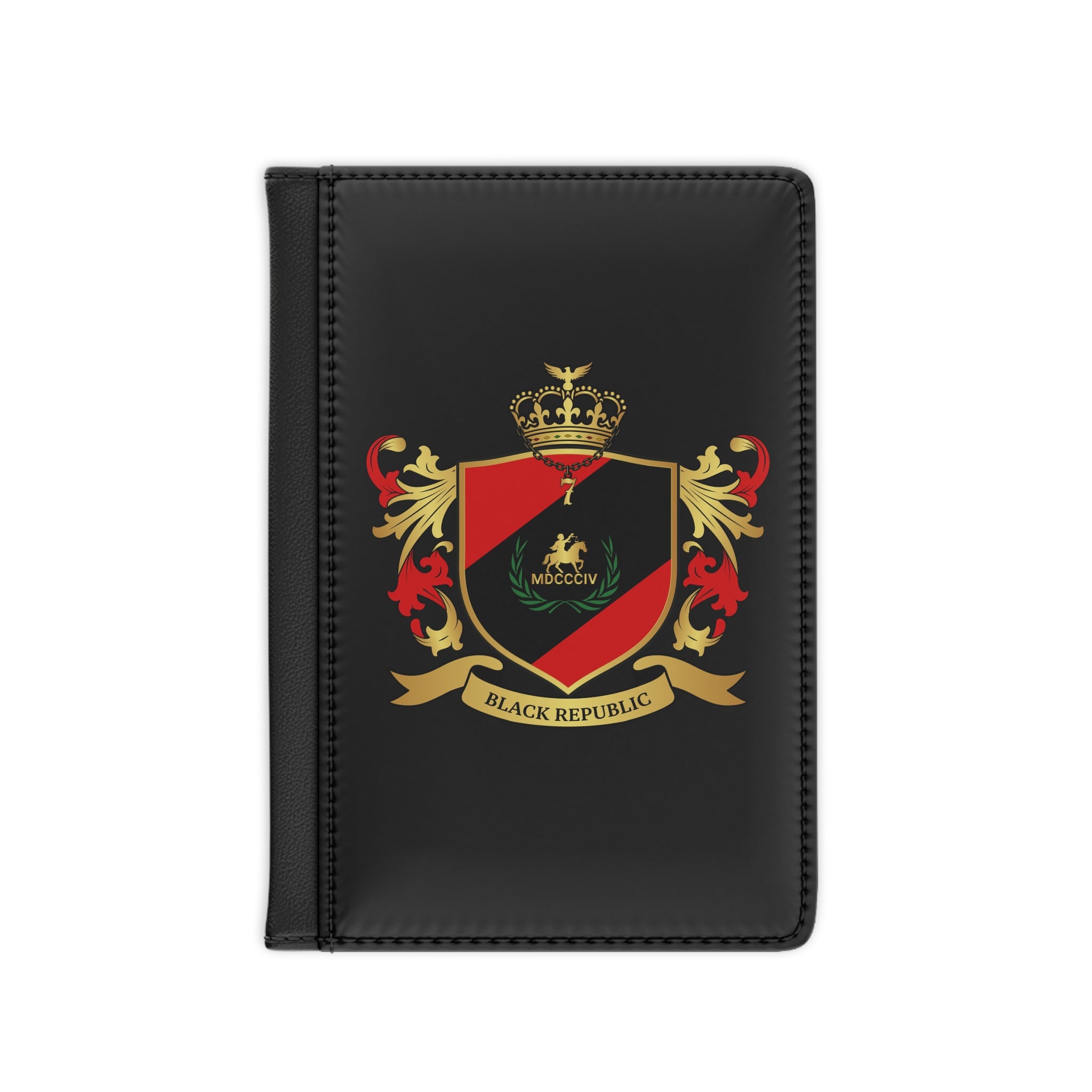 Black Republic Crest Passport Cover — Luxury Travel Passport Holder with Red & Gold Heraldic Shield