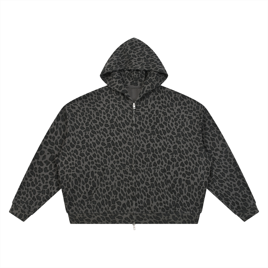 Leopard Print Waffle Full Zip Hoodie
